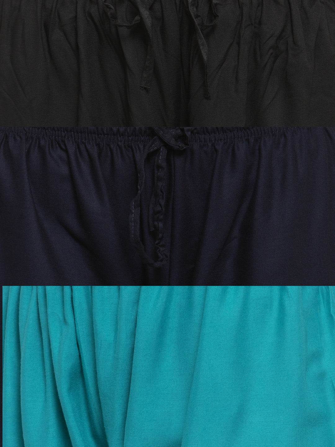 Solid black, navy blue, and fawn rayon palazzo pack with elasticated waistband and drawstring.