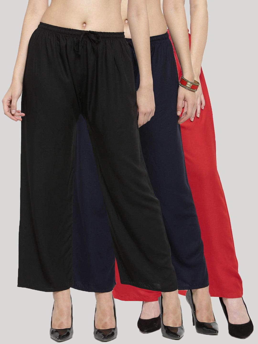 Solid black, navy blue, and red rayon palazzo pack with elastic waistband and drawstring.