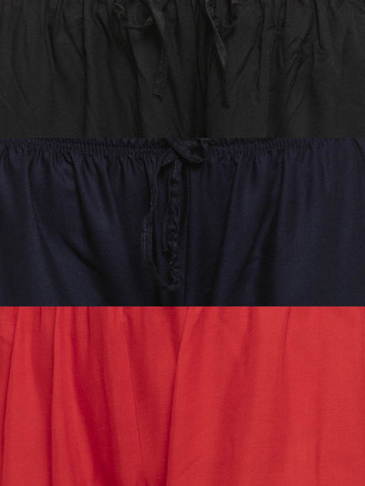 Solid black, navy blue, and red rayon palazzo pack with elasticated waistband.