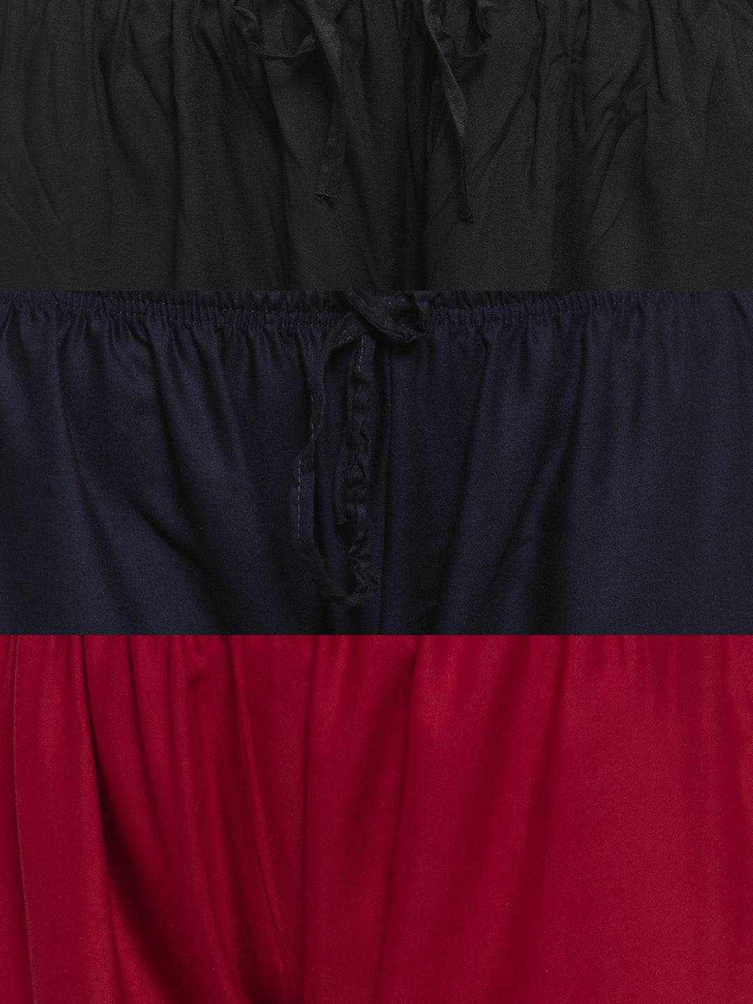 Solid black, navy blue, and maroon rayon palazzo pack with elastic waistbands and drawstring closure.