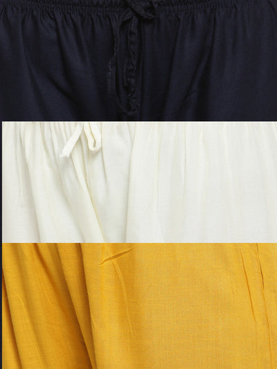 Solid Navy Blue, Off-White & Mustard Rayon Palazzo Pack with Elasticated Waistband