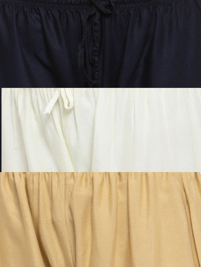 Solid navy blue, off-white, and fawn rayon palazzo pack with elasticated waistband.