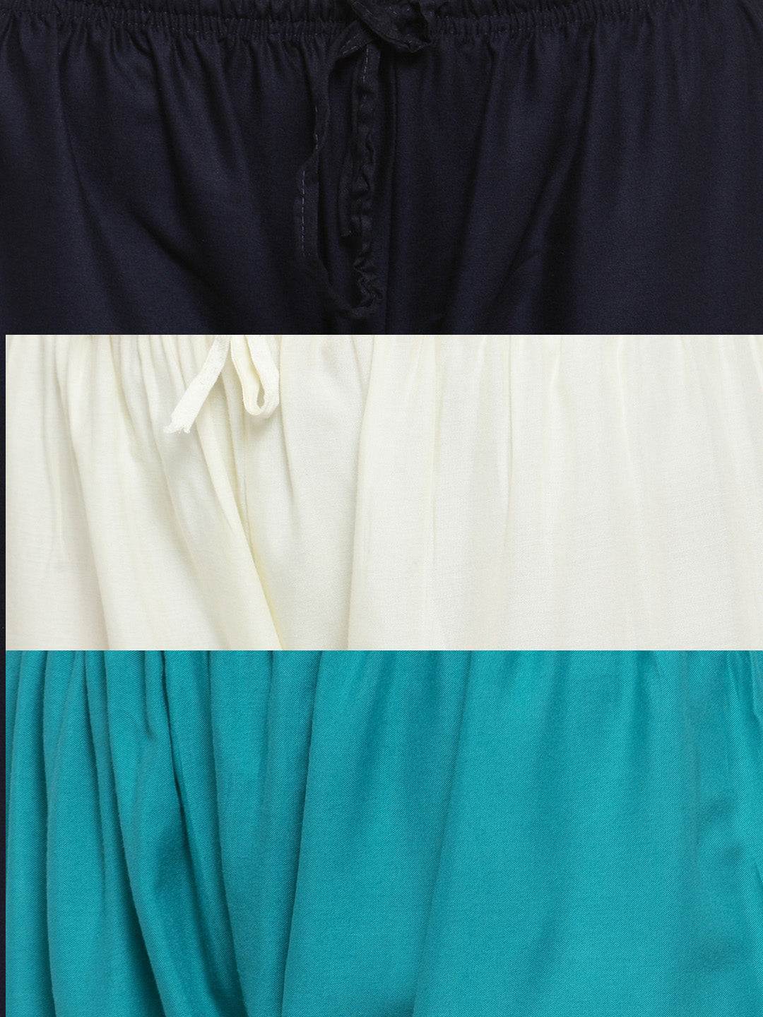 Solid navy blue, off-white, and turquoise rayon palazzo pack with elasticated waistband and drawstring closure.