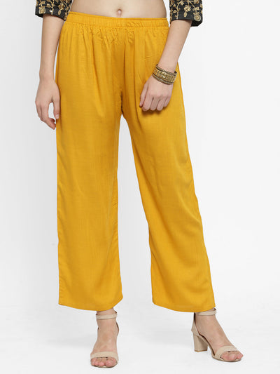 Solid mustard rayon palazzo with elasticated waistband and drawstring closure.