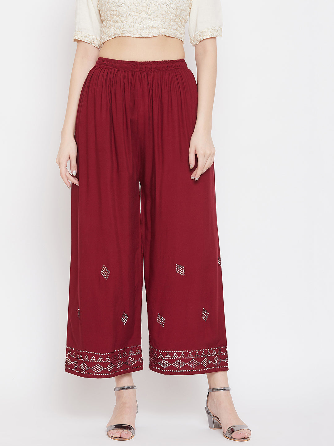 Clora Maroon Embellished Rayon Palazzo