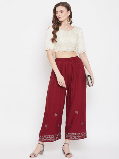 Clora Maroon Embellished Rayon Palazzo