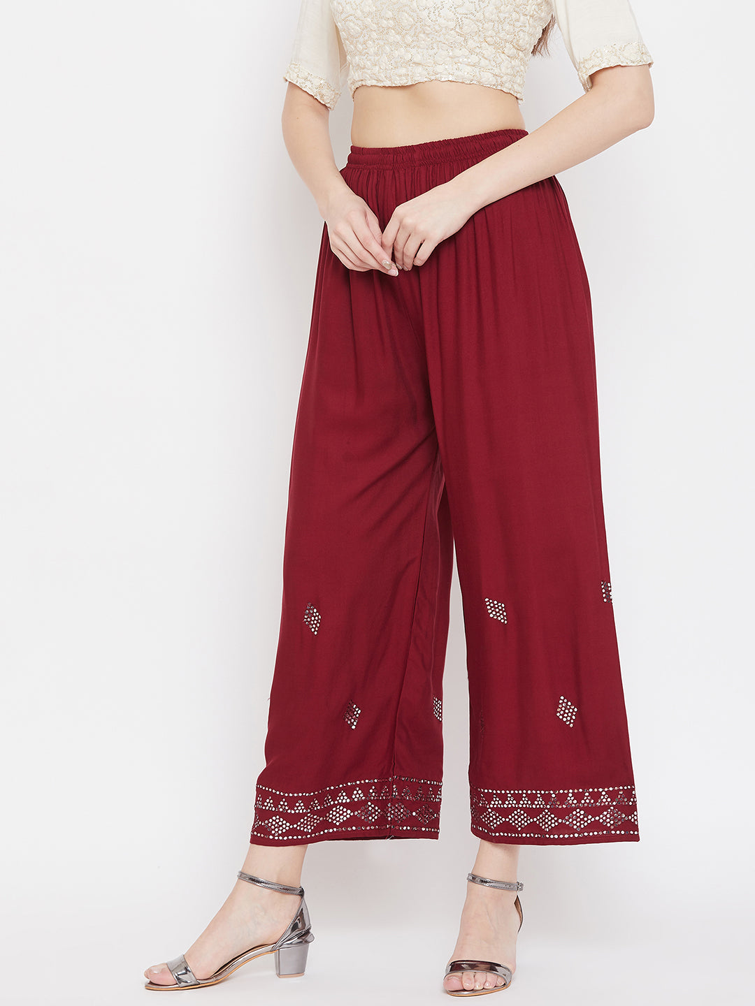 Clora Maroon Embellished Rayon Palazzo