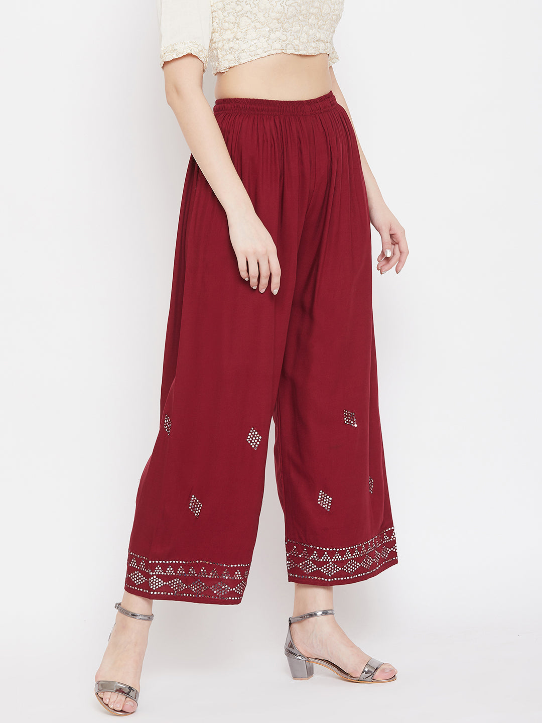 Clora Maroon Embellished Rayon Palazzo