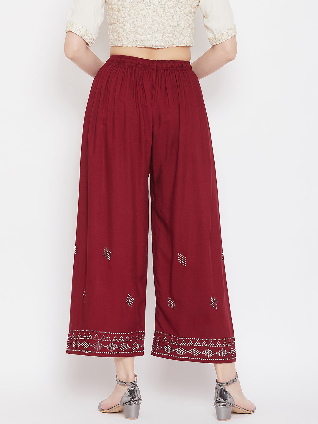 Clora Maroon Embellished Rayon Palazzo