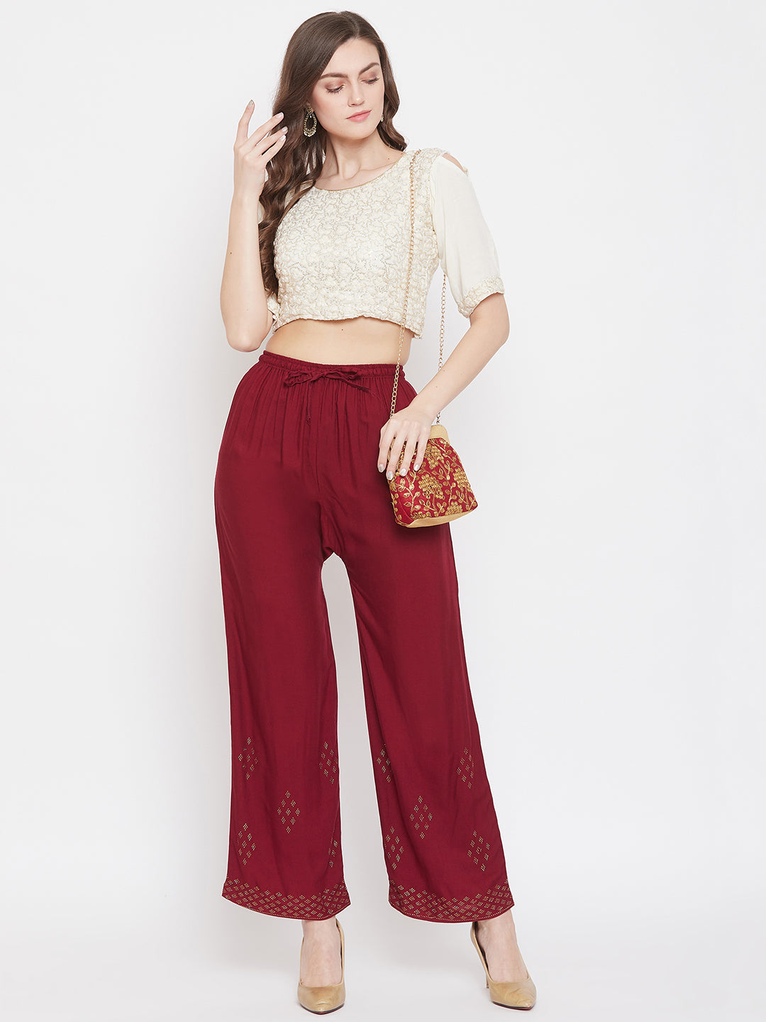 Clora Maroon Straight Embellished Palazzo