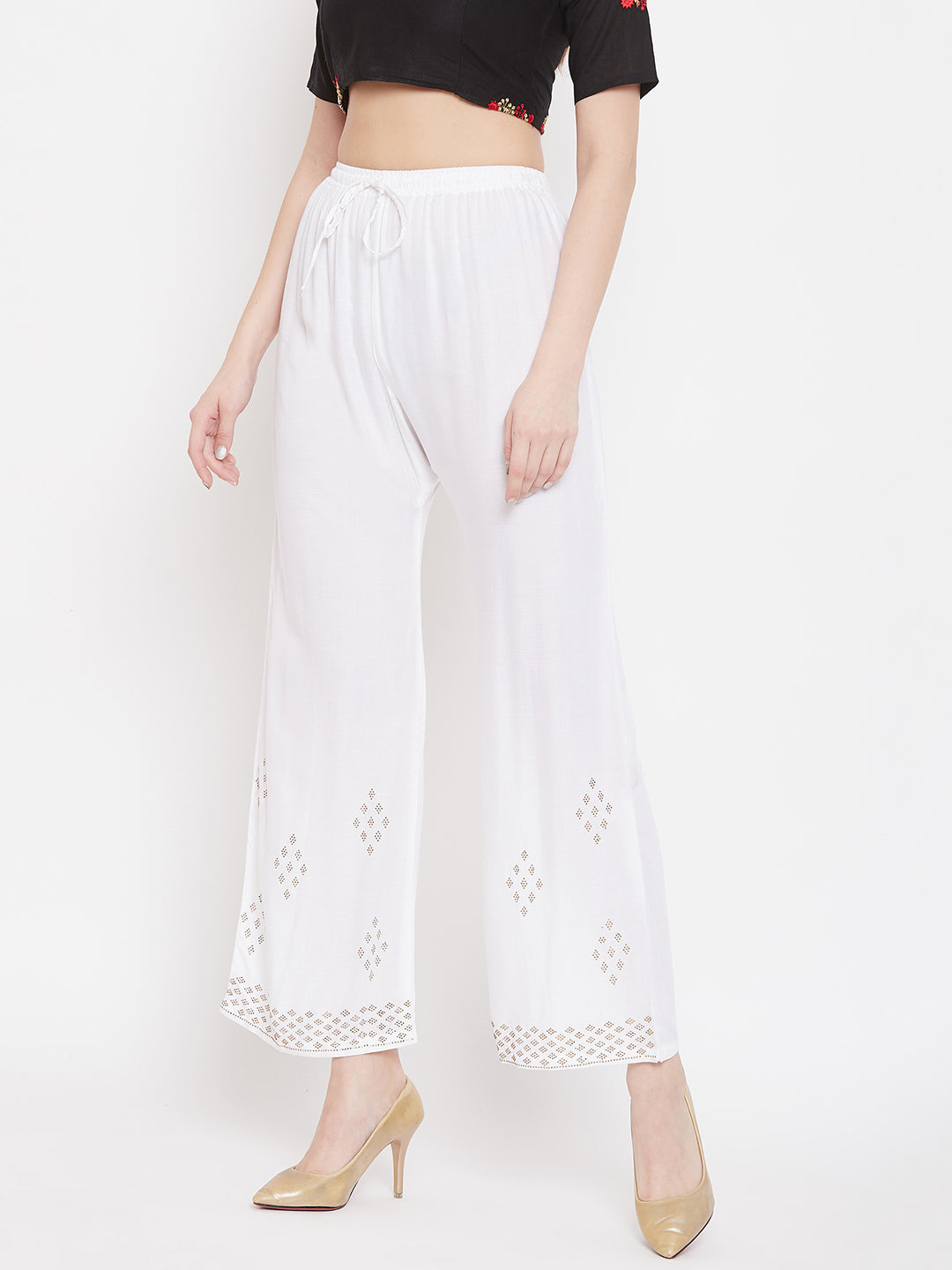 White straight embellished palazzo with stone work and elasticated waistband.