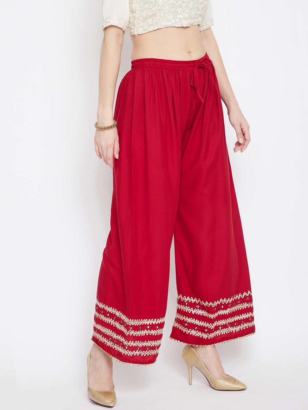 Clora Red Embellished Straight Palazzo