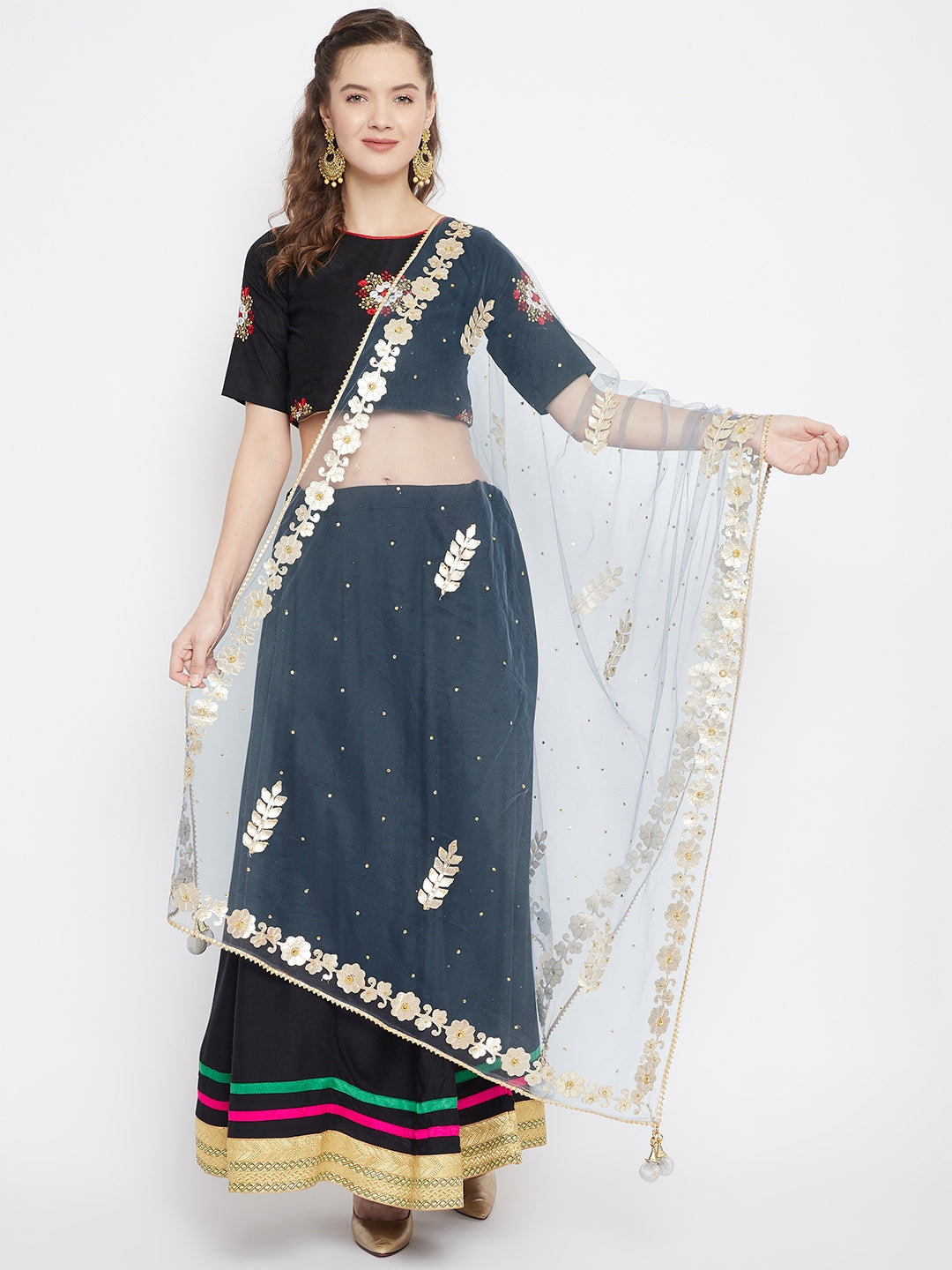 Grey Gotta Patti Net Dupatta with ethnic embroidery design.