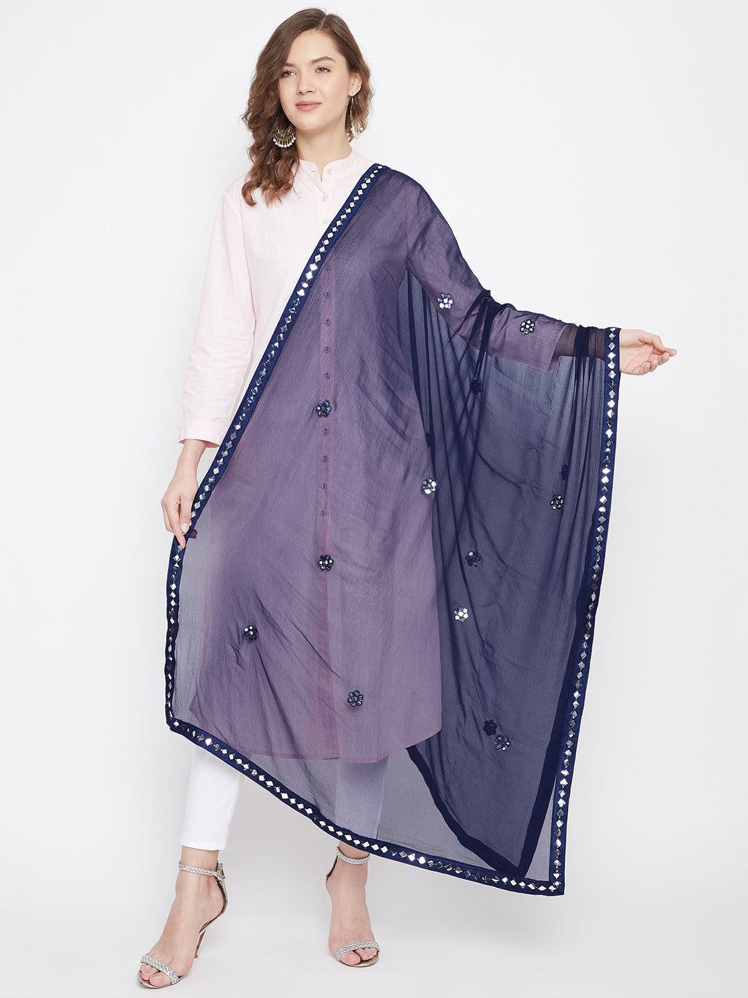 Navy blue chiffon dupatta with gotta patti design.