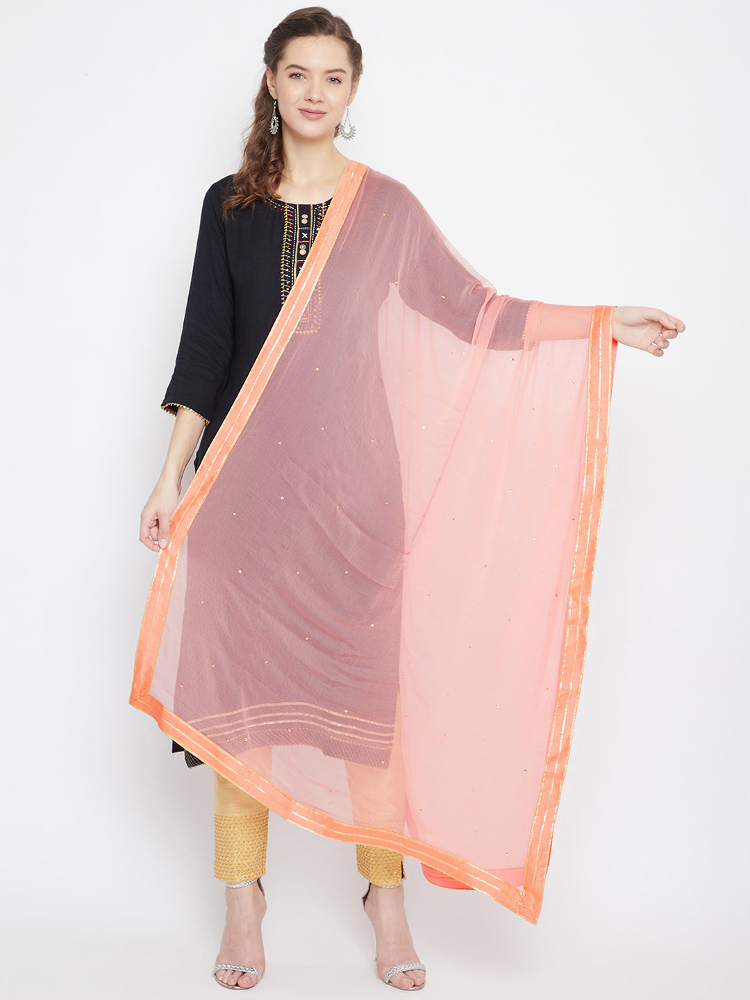 Clora Peach Sequinned Chiffon Dupatta