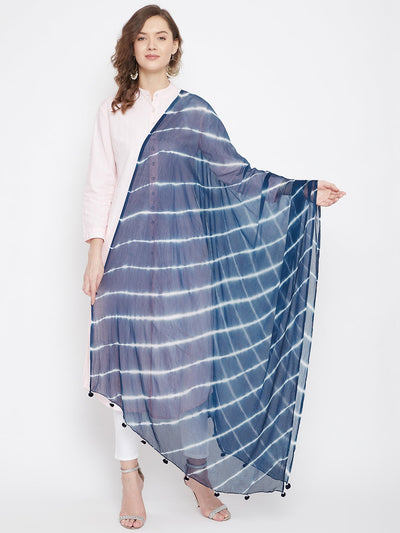 Navy blue dyed dupatta with grid pattern styled with ethnic wear.