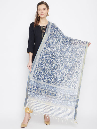 Navy Blue Printed Cotton Silk Dupatta with intricate designs styled with traditional attire.