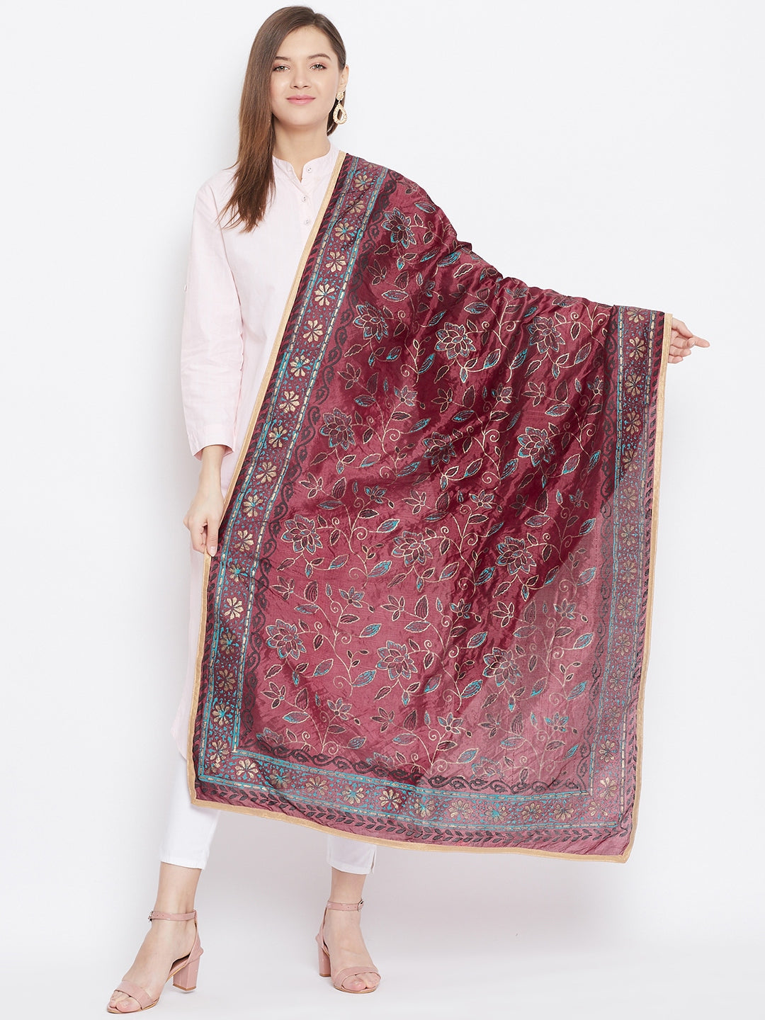 Clora Maroon Printed Silk Dupatta