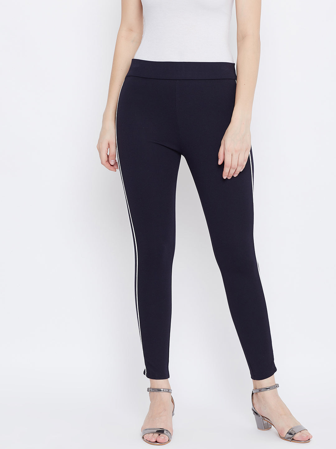 Buy Clora Navy Blue Solid Striped Jeggings Online at Best Price - Clora  Creation