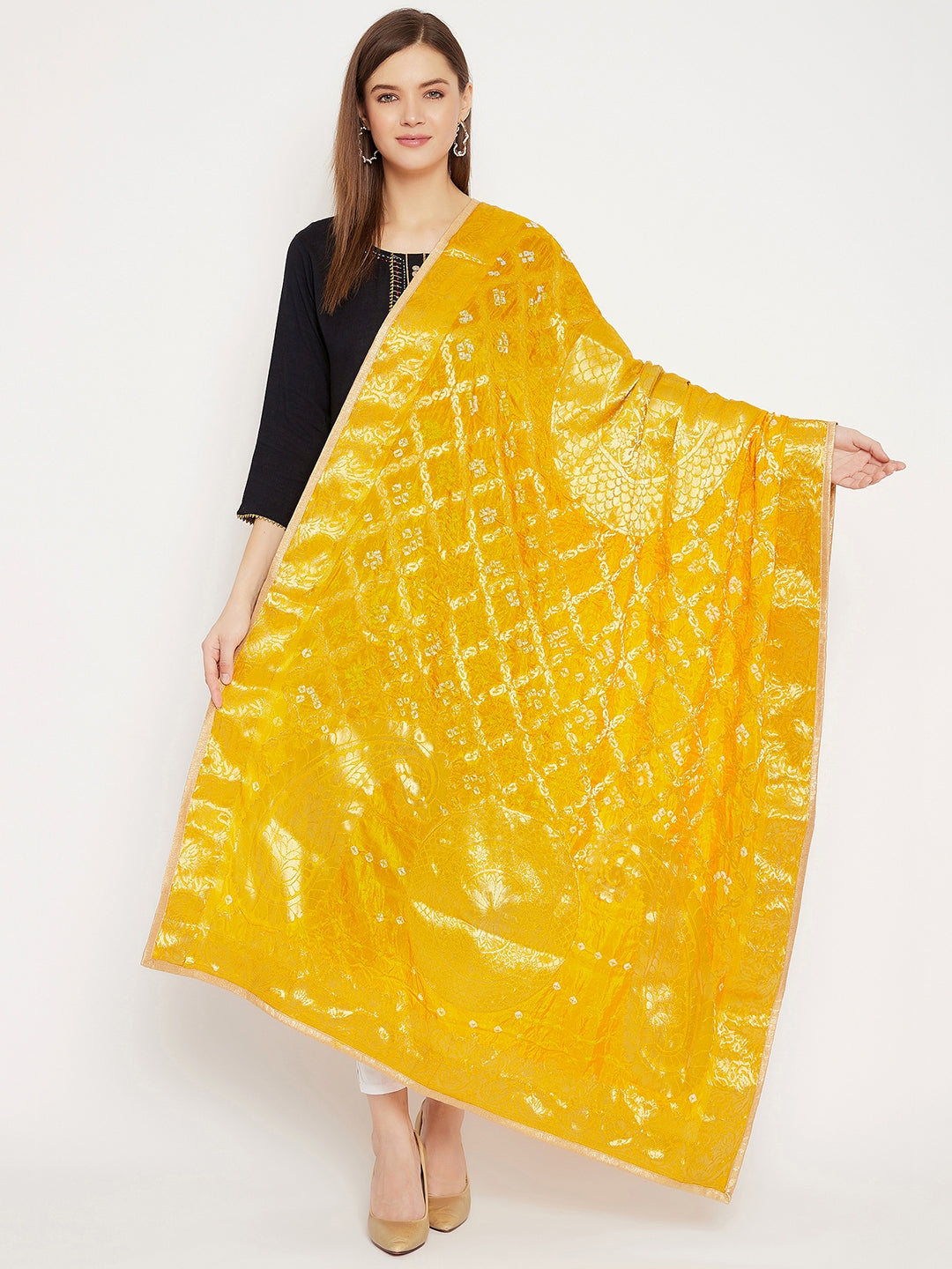 Yellow Woven Design Banarasi Bandhej Dupatta styled with kurta палаццо set.