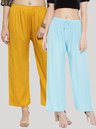 Clora Solid Mustard & Sky Blue Rayon Palazzo (Pack Of 2)