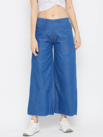 Navy Blue Parallel Denim Trouser for women, lightweight and comfortable.