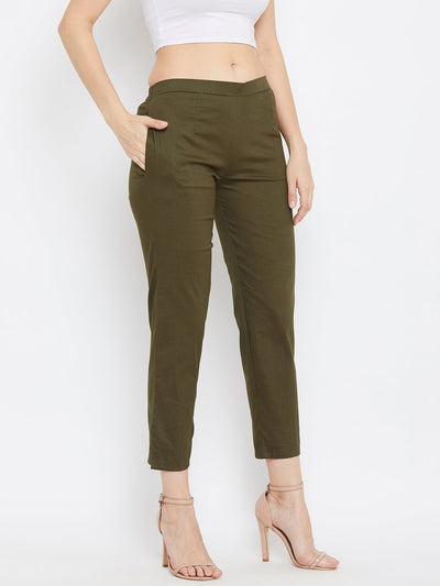 Olive regular fit solid pants for women.