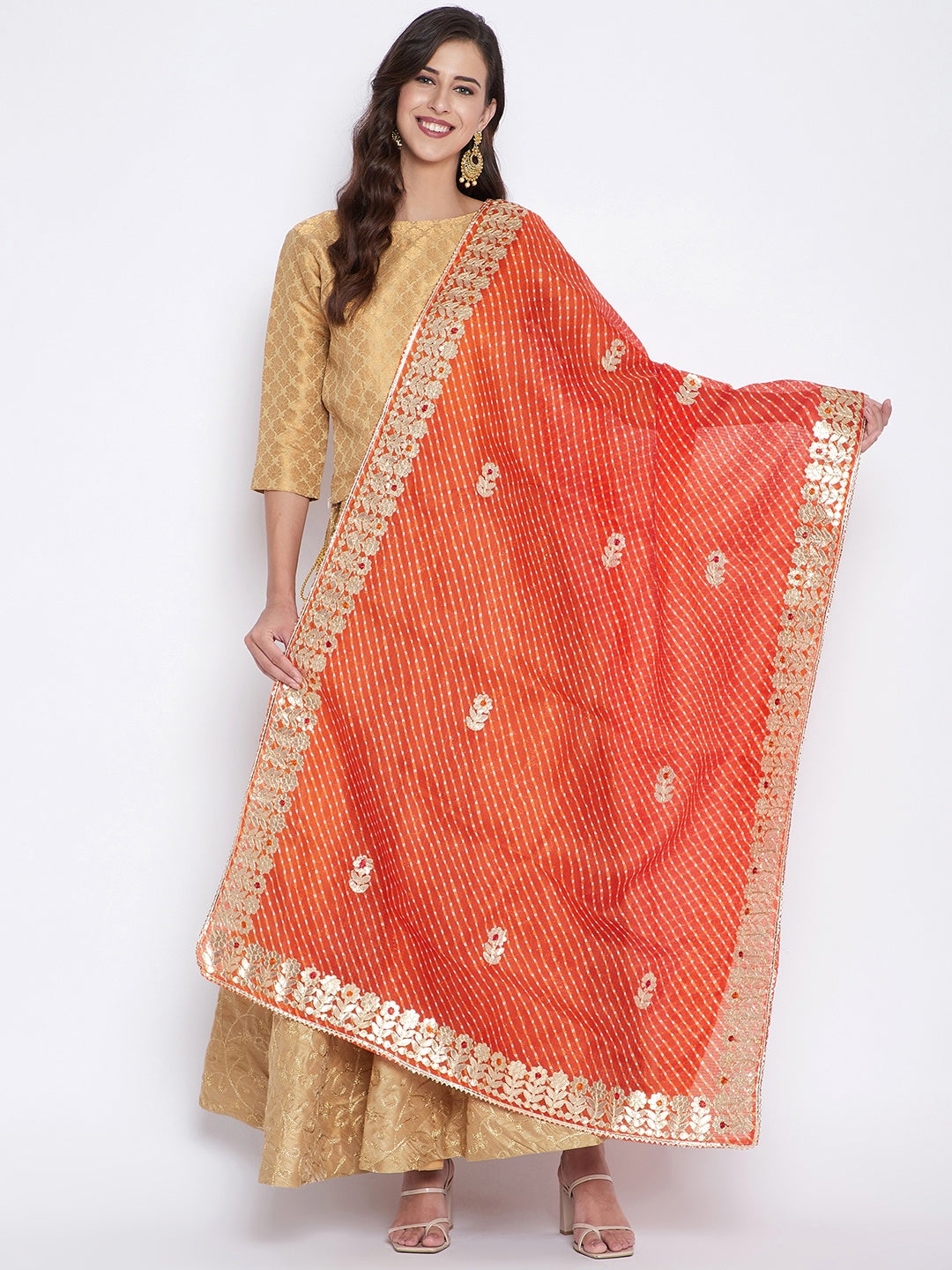 Orange Bandhej Dyed Dupatta with intricate ethnic design and golden border.