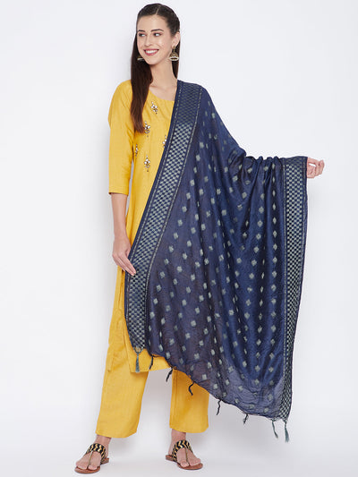 Navy blue self-design cotton dupatta styled with kurta palazzo set.