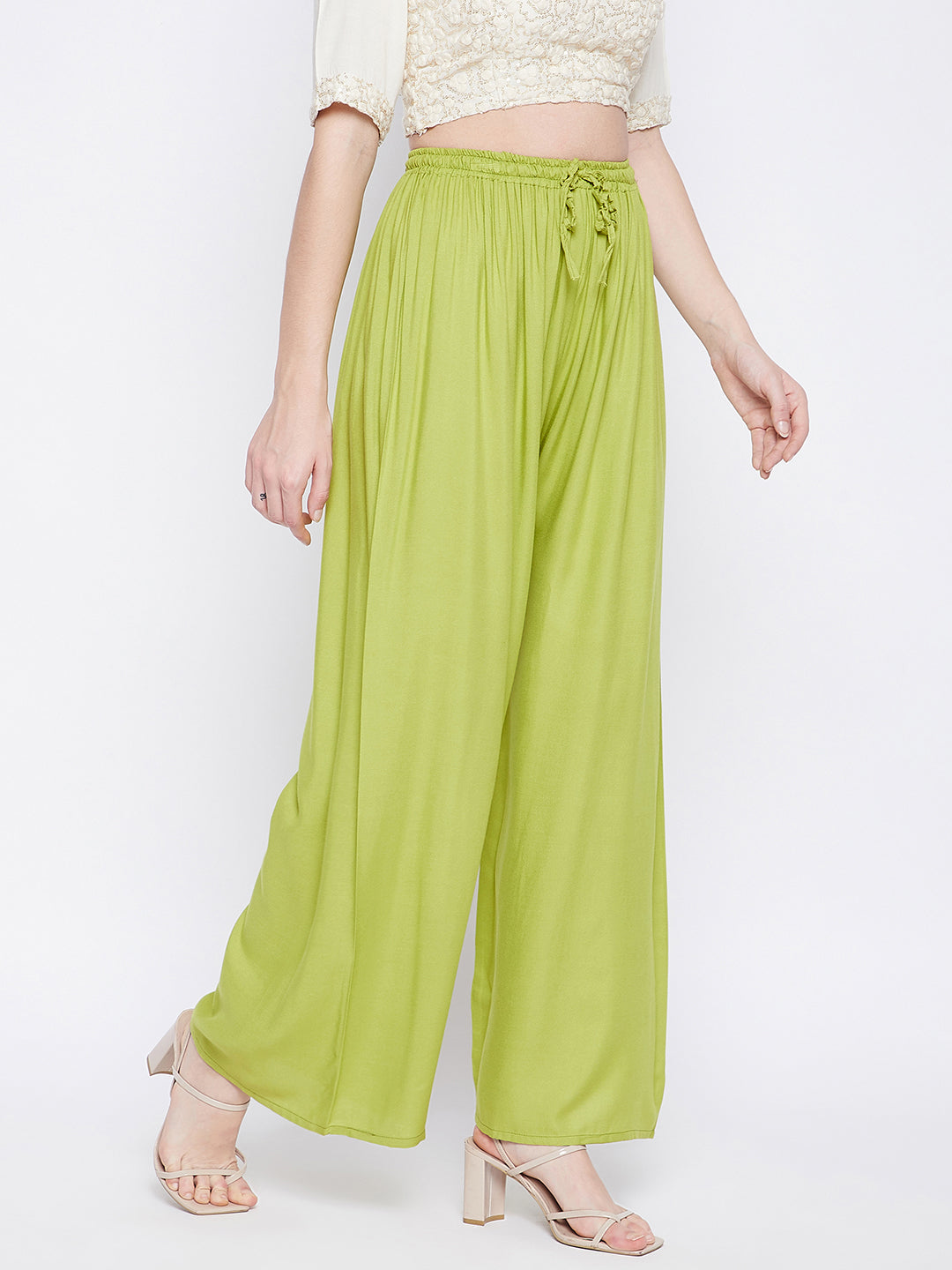 Parrot Green Solid Rayon Palazzo, lightweight and comfortable for all-day wear.