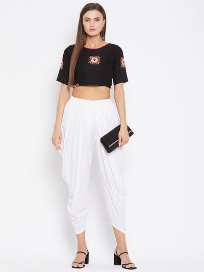 White Rayon Dhoti Salwar with elasticated waistband and solid pattern for stylish comfort.