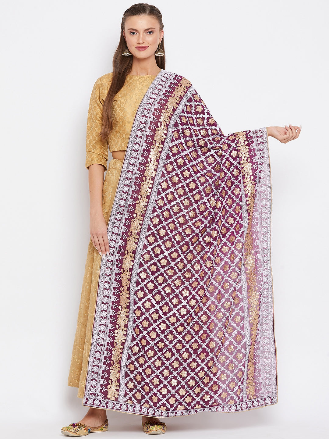 Wine Georgette Heavy Embroidered Dupatta with ethnic design.