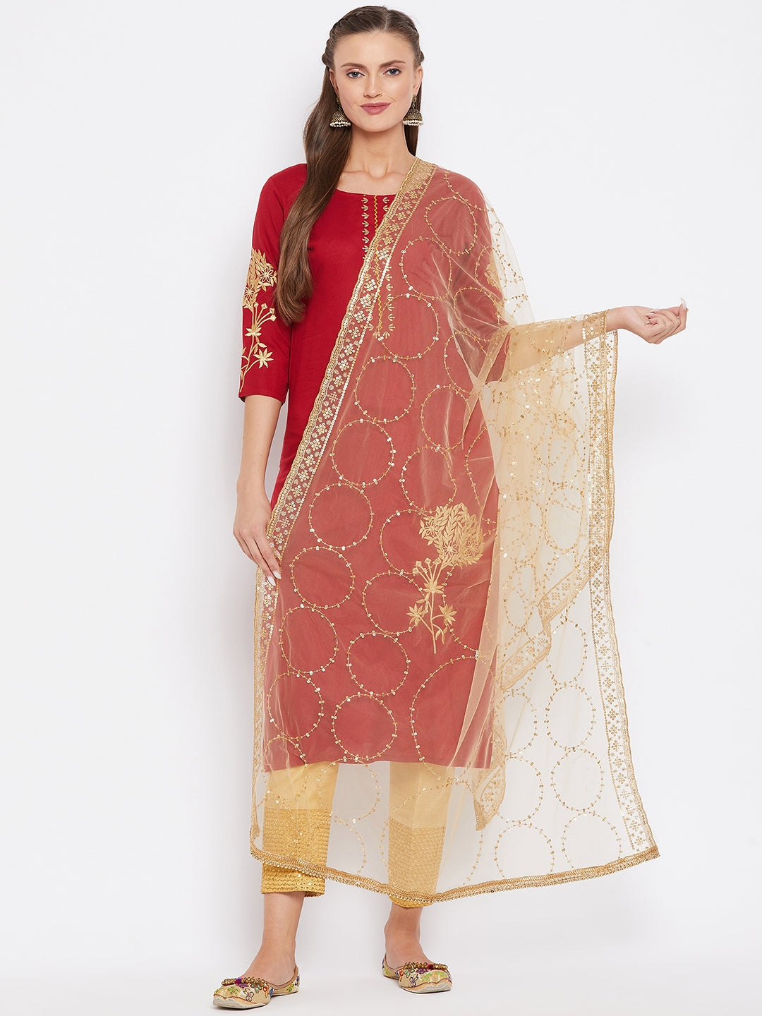 Fawn Golden Embellished Net Dupatta