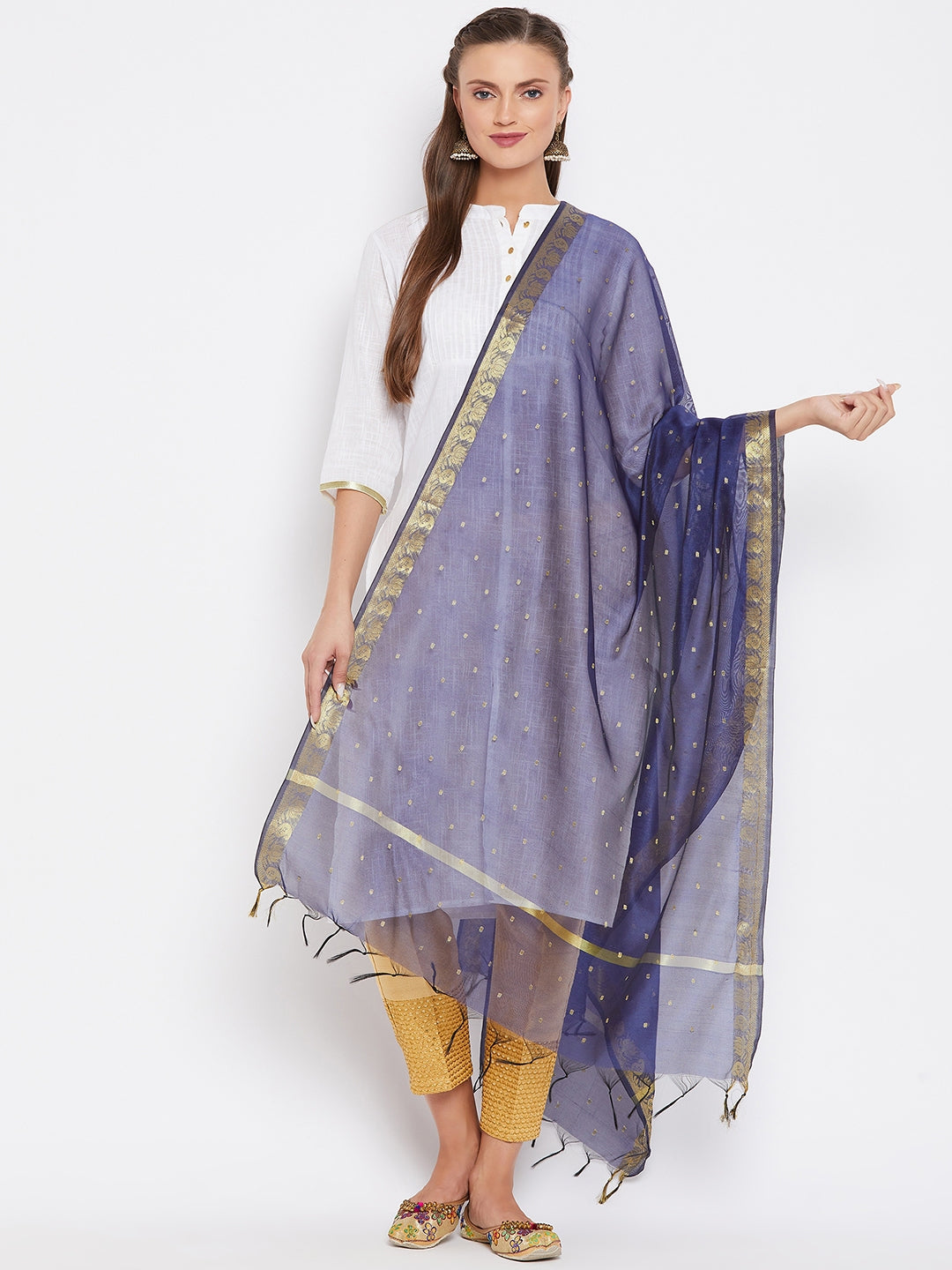 Navy Blue & Gold Coloured Woven Design Dupatta