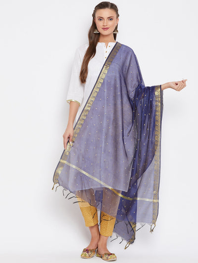 Navy blue and gold woven design dupatta draped over a woman, styled with a kurta palazzo set.