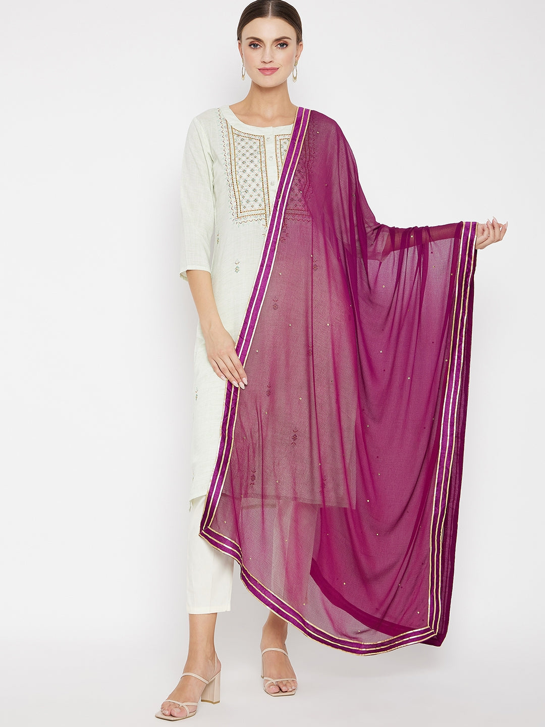 Purple chiffon solid dupatta styled with ethnic attire for elegant look.