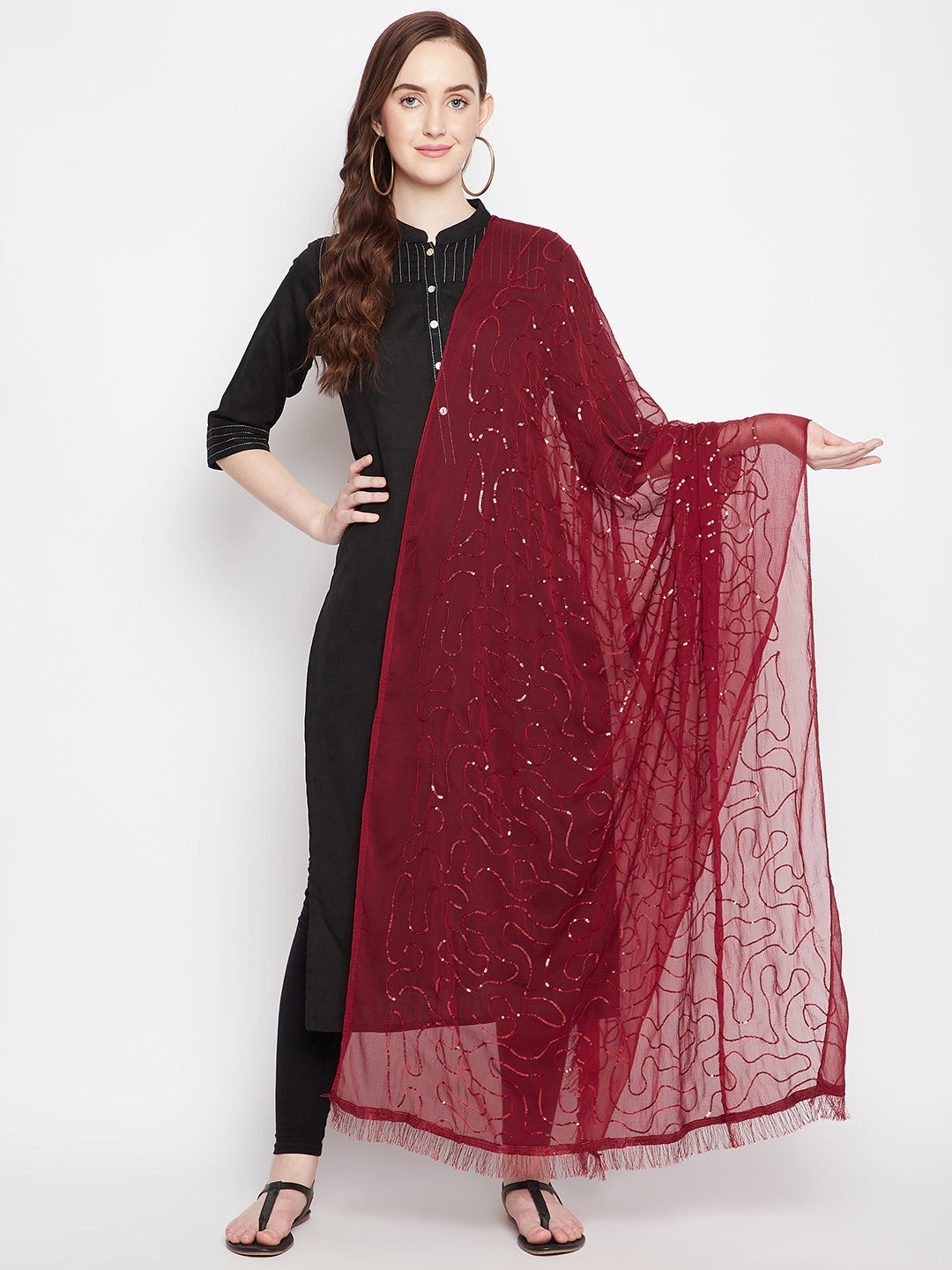 Clora Maroon Embellished Chiffon Dupatta