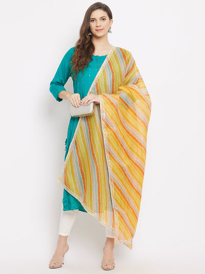 Multicoloured Leheriya Tie-Dye Kota Doria Cotton Dupatta 3 styled with teal kurta.