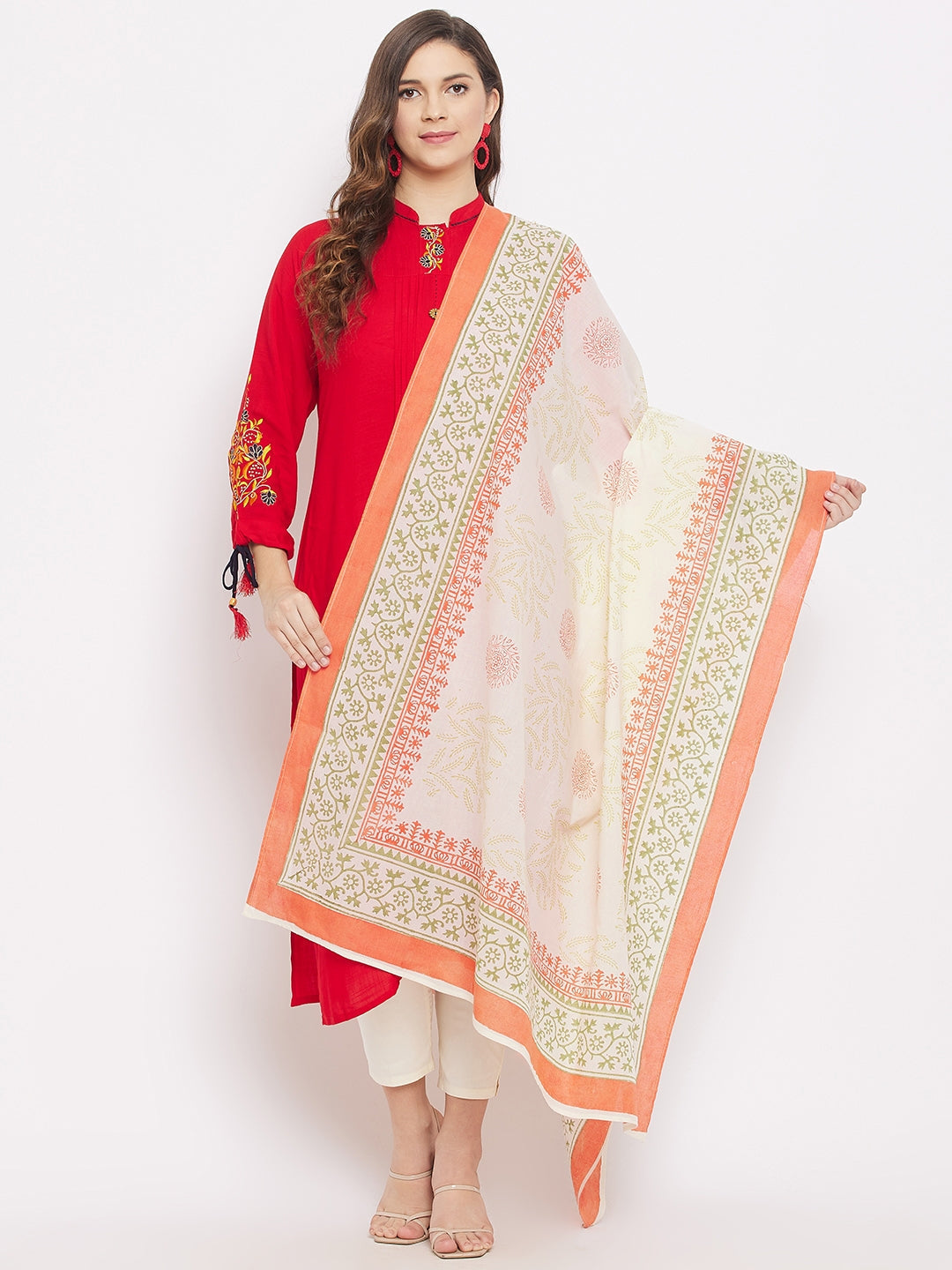 Off-White Printed Cotton Dupatta with elegant ethnic design.