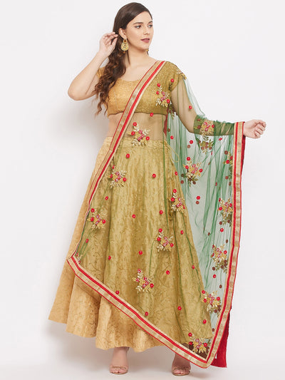 Clora Bottle Green Embroidered Net Dupatta 