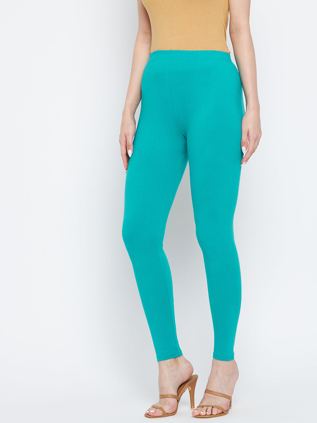 Rama Green Solid Ankle Length Leggings made from premium cotton lycra for comfort.