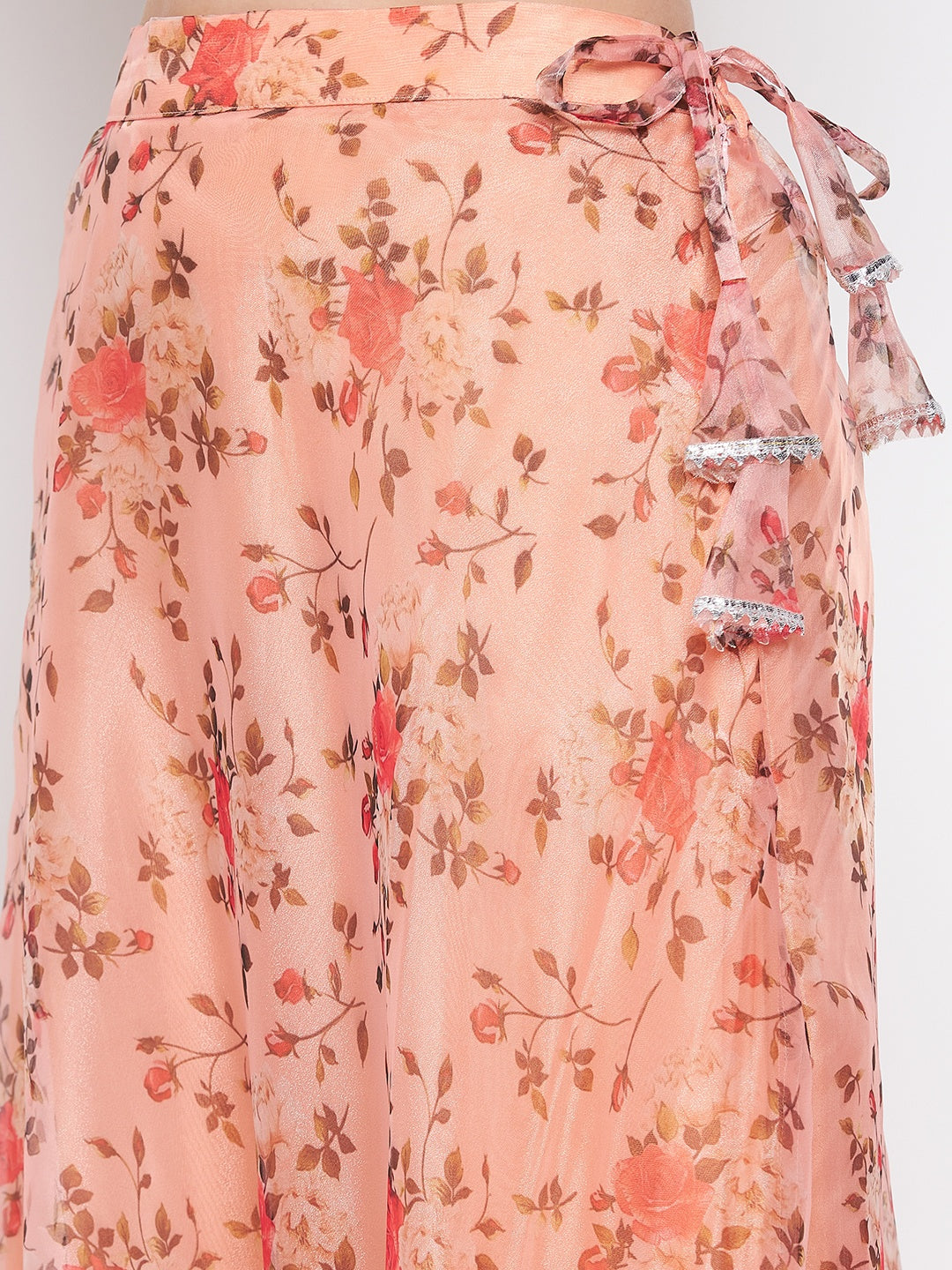 Peach floral printed organza skirt with zip and flared hem.