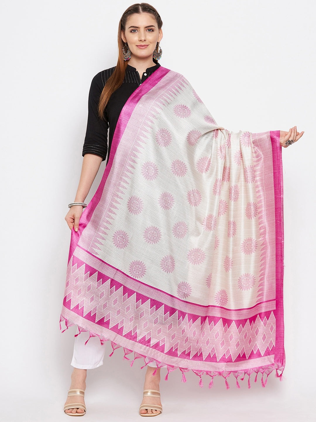 Clora Pink Printed Silk Blend Dupatta