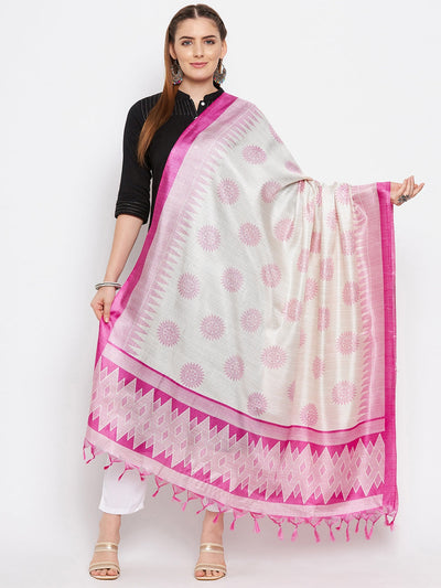 Pink printed silk blend dupatta styled with ethnic wear.