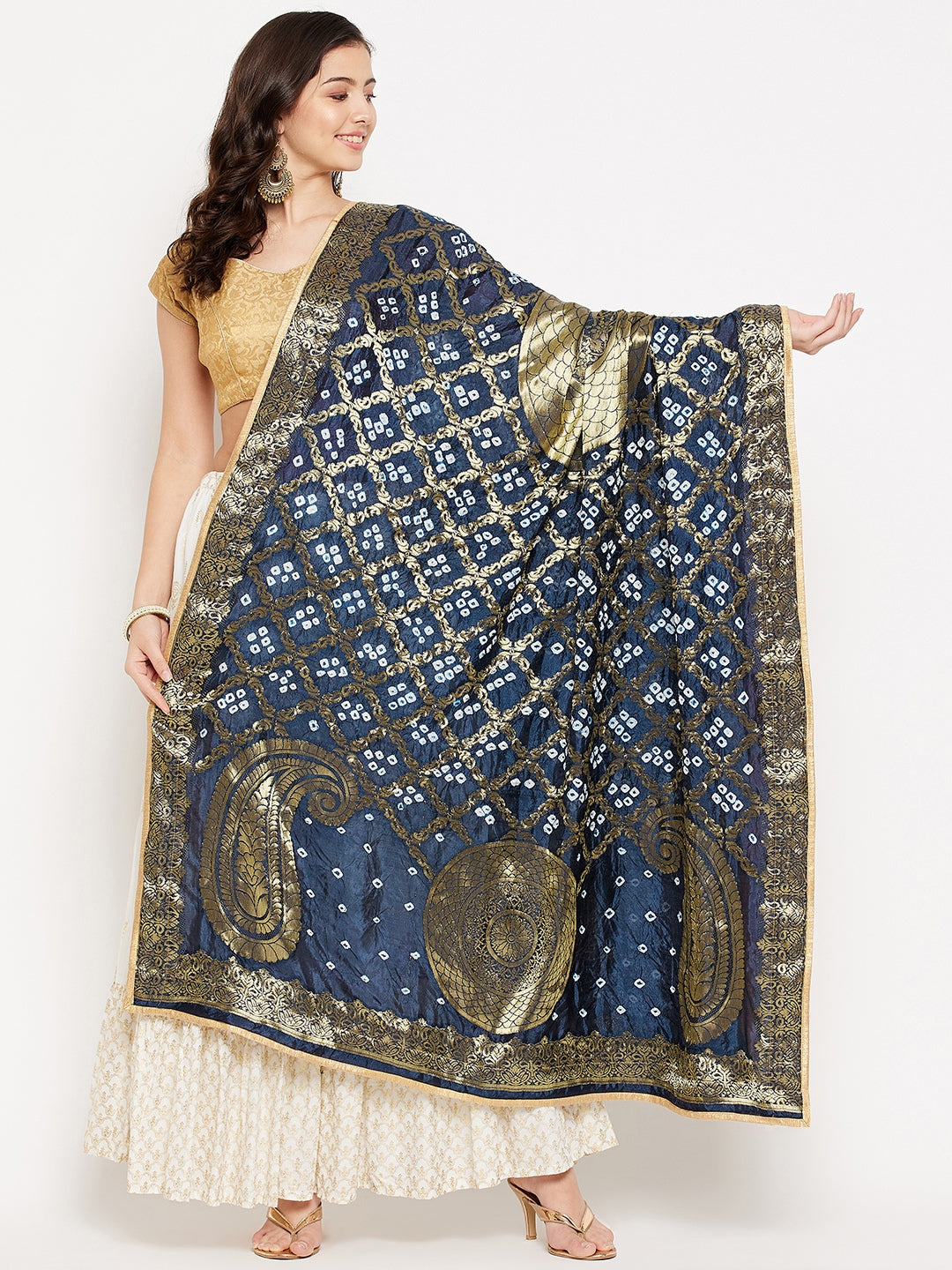 Navy blue woven design dupatta with intricate pattern, ideal for ethnic styling.