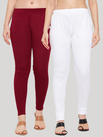 Clora Maroon & White Solid Woolen Leggings (Pack Of 2)