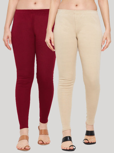 Clora Maroon & Light Fawn Solid Woolen Leggings (Pack Of 2)