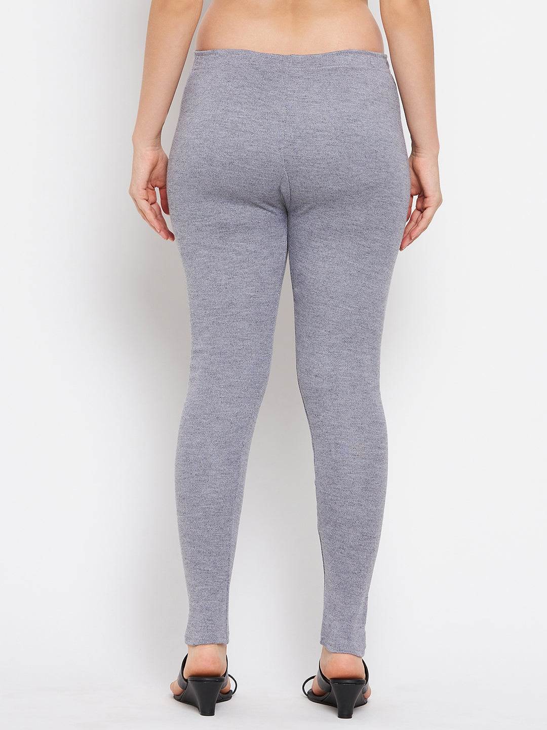 White and grey solid woolen leggings pack of 2, back view.