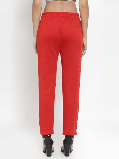 White and red solid woolen trouser pack for women, featuring a comfortable winter fit.