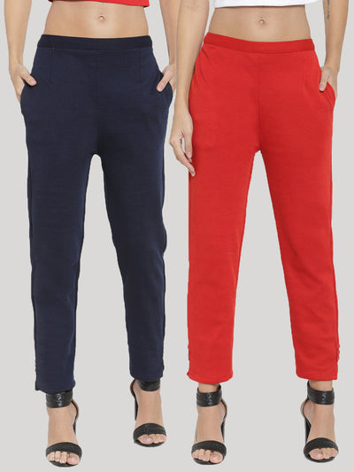 Navy Blue and Red solid woolen trousers pack for women.